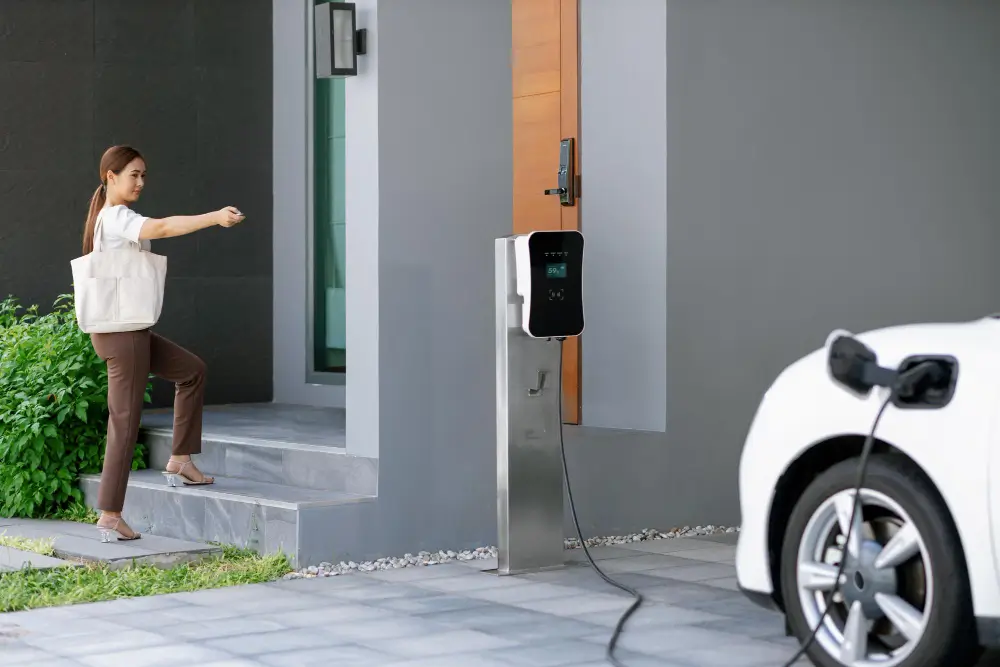 a happy customer using remote to turn on the ev charging of car