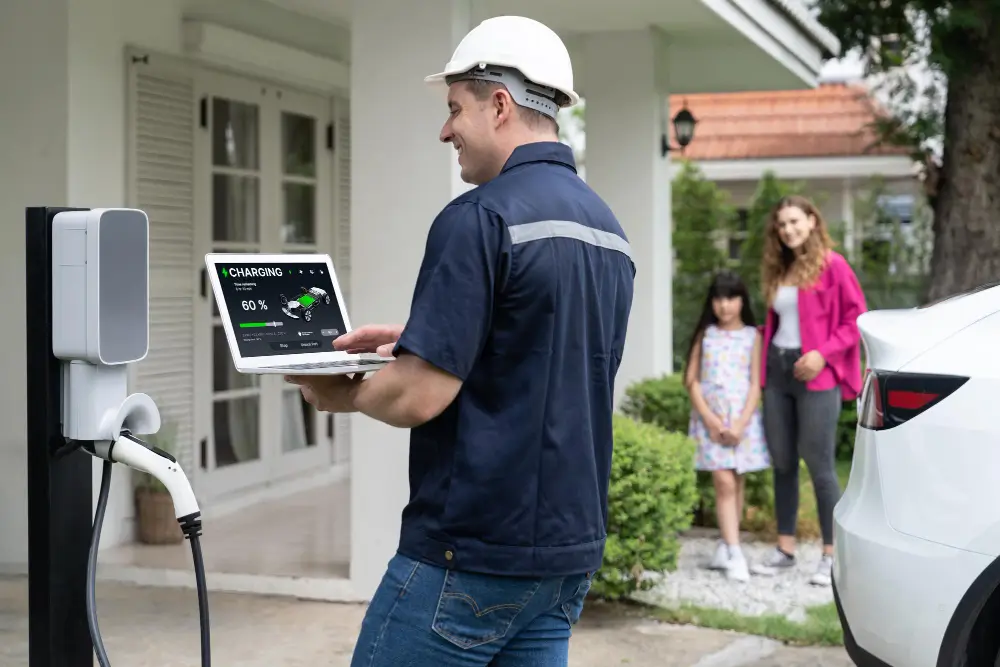 a professional electrician testing ev charging device after installation