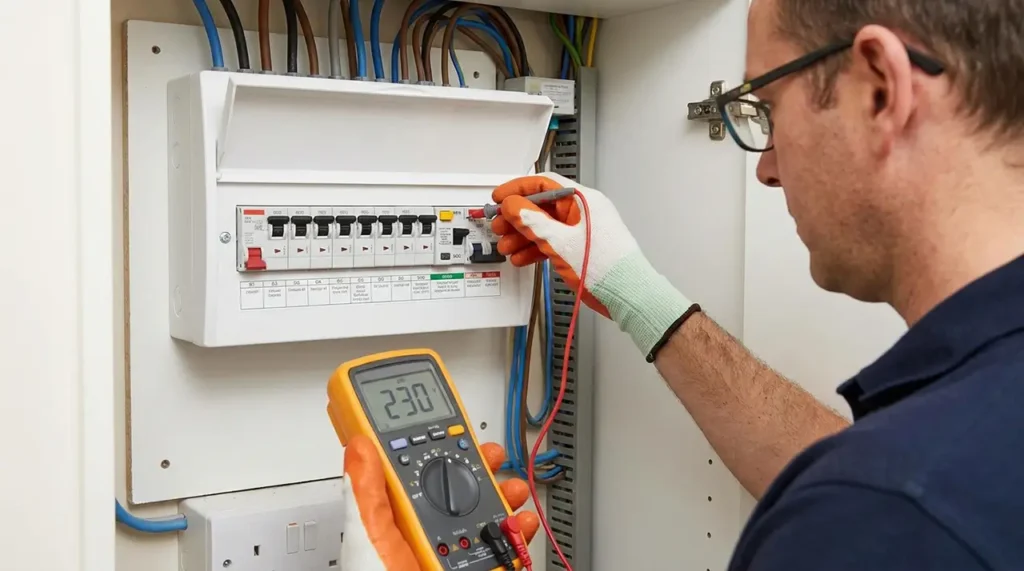Electrician testing consumer unit wiring in a London rental