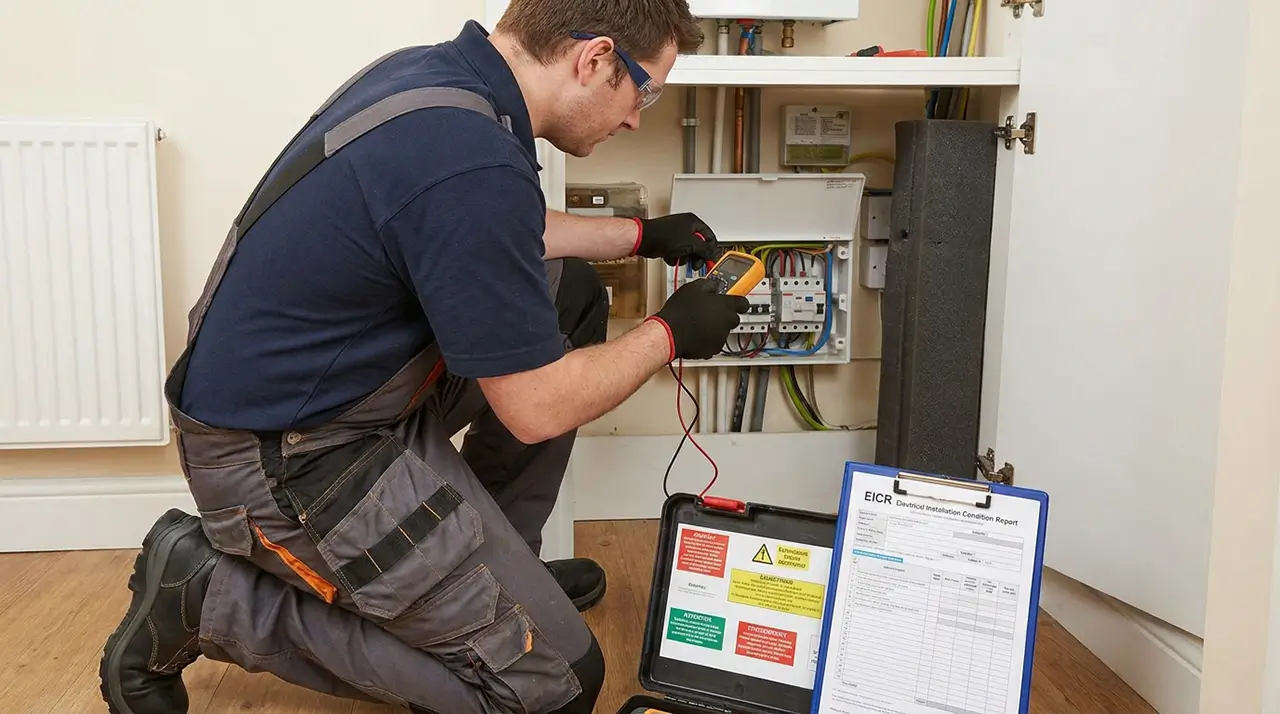 Electrician carrying out an EICR inspection in a rental property