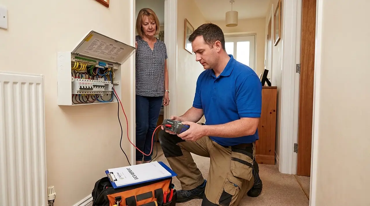 Electrician reviewing EICR test results and NICEIC registration documents