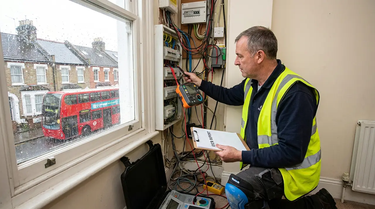 Electrician carrying out an EICR inspection in London