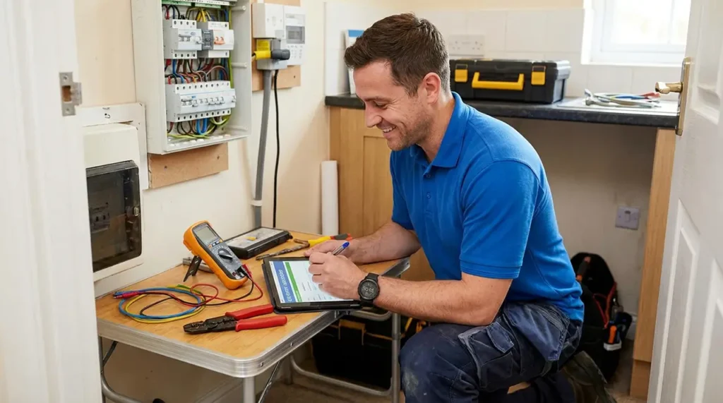 Electrician completing an EICR report on-site