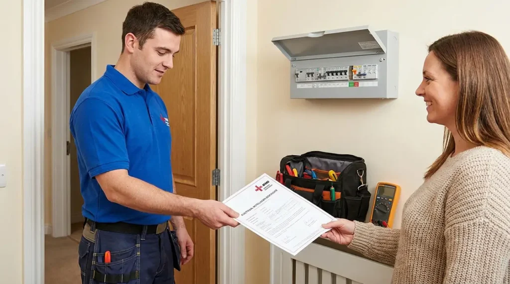 Electrician issuing an Electrical Installation Certificate after consumer unit replacement