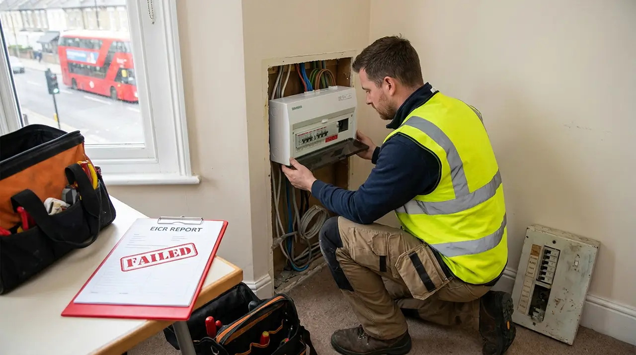 Electrician replacing a consumer unit after a failed EICR in London
