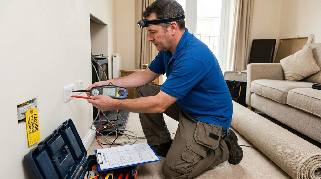 Electrician testing a socket during an EICR inspection