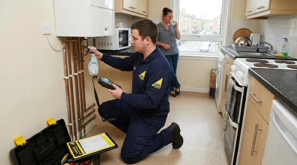 Engineer testing gas appliance connections during a landlord safety check