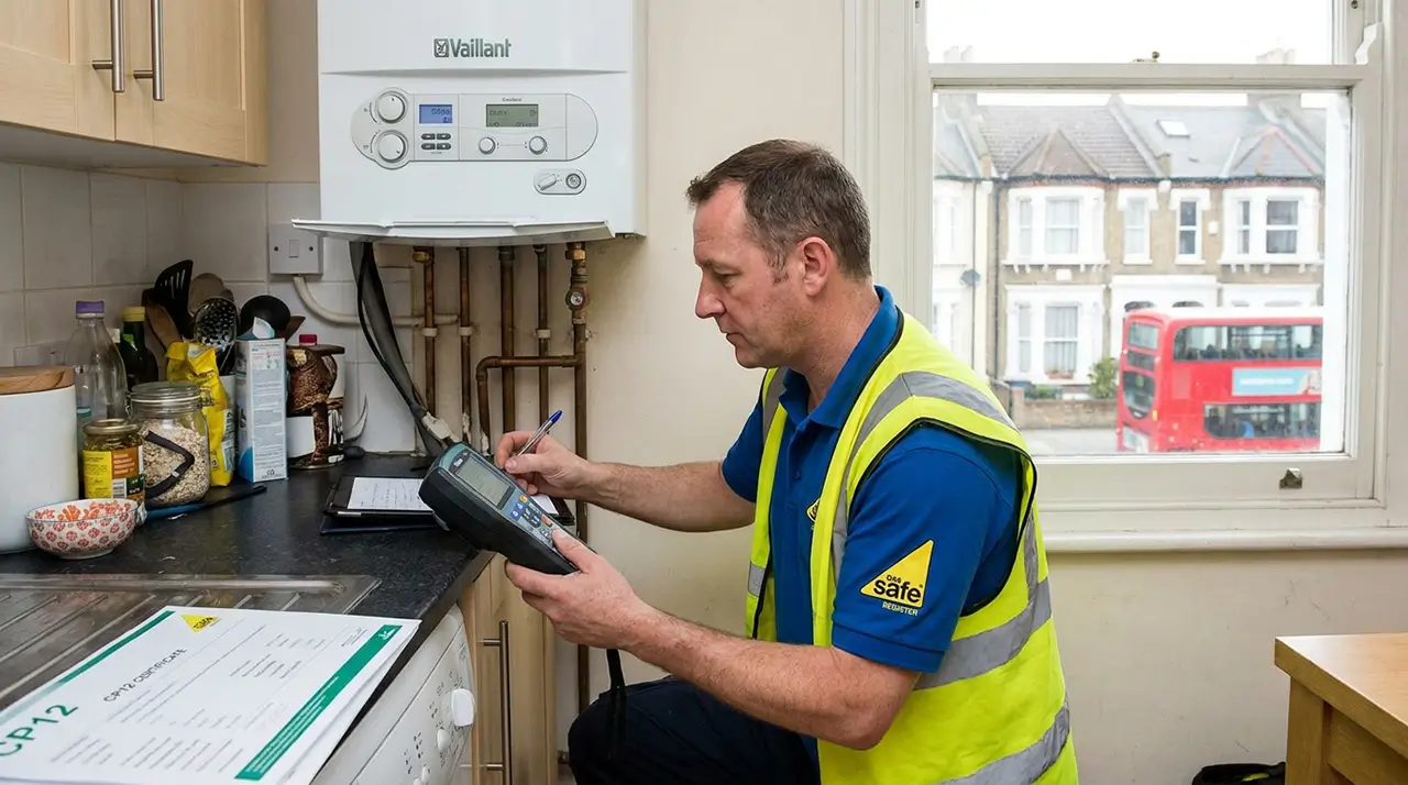 Gas Safe registered engineer checking a boiler during a CP12 inspection in London