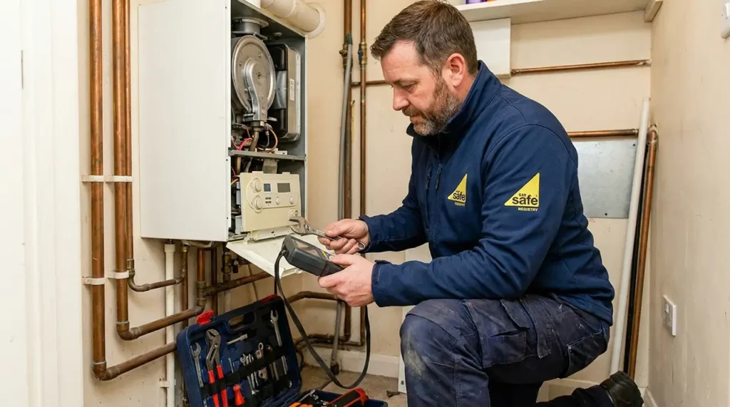 Gas Safe engineer inspecting a landlord boiler