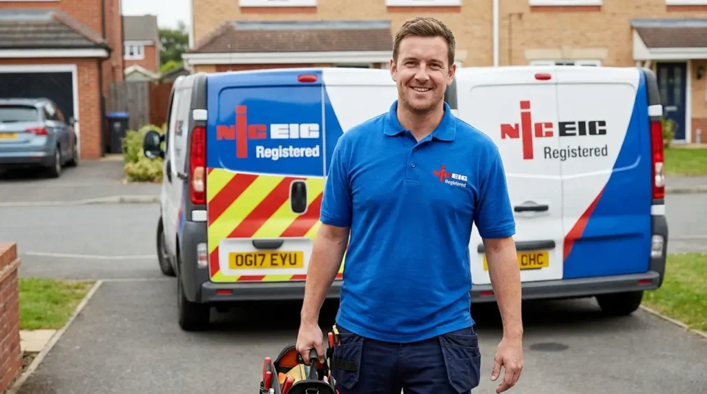 NICEIC-registered electrician checking credentials before an EICR inspection in London