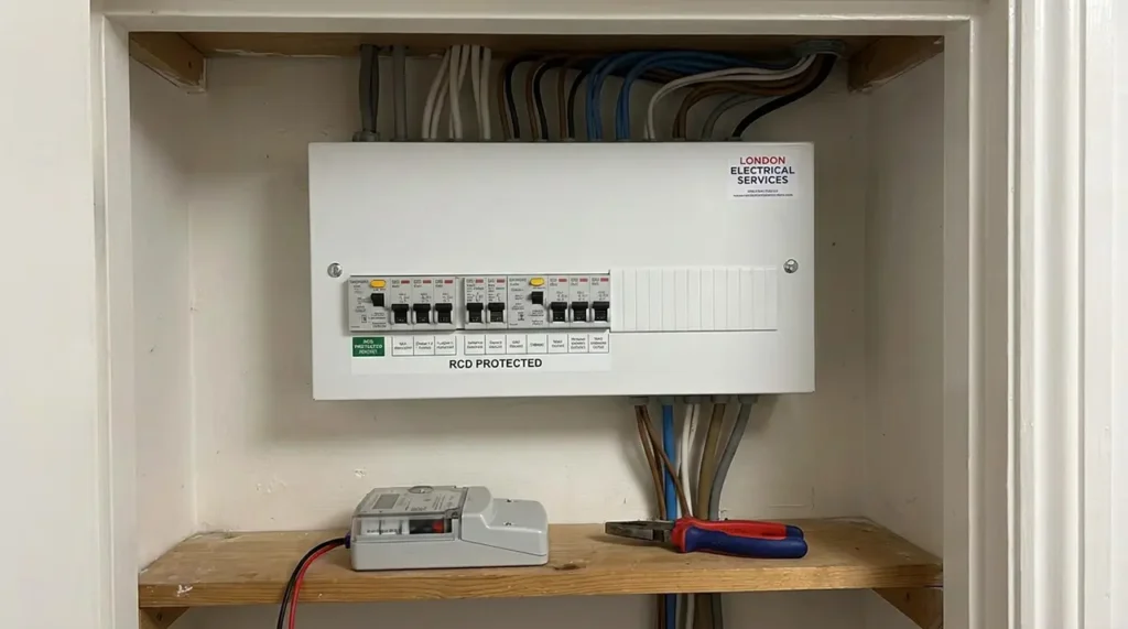 New consumer unit installed with RCD protection during a London electrical upgrade